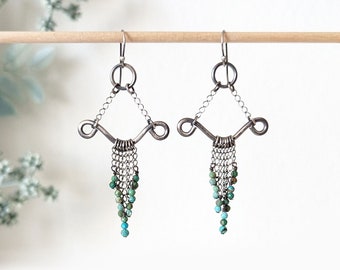 Hammer Down Earrings - Ox Sterling Silver Chunky Filagree Chandelier Bead Fringe Drops w/ Turquoise Beads