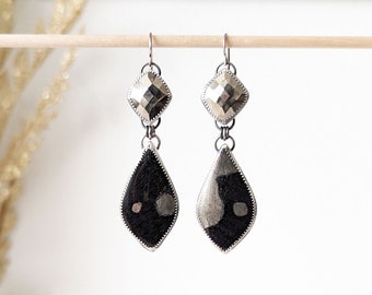 The Orca's Way Earrings - Rose Cut Pyrite & Apache Pyrite Double Stone Earrings w/ Oxidized Sterling Silver