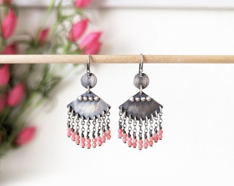 Tutus & Ponytails Earrings - Ox. Sterling Silver Coin Drop Beaded Fringe w/ Pink Coral Beads