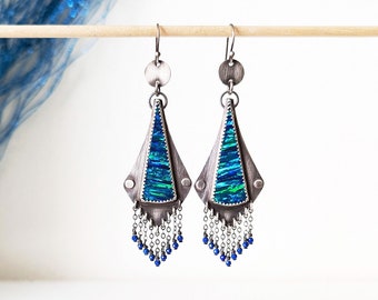 Pure Energy Earrings - Ox Sterling Silver Synthetic Fire Opal Coin Drops w/ Lapis Lazuli Bead Fringe