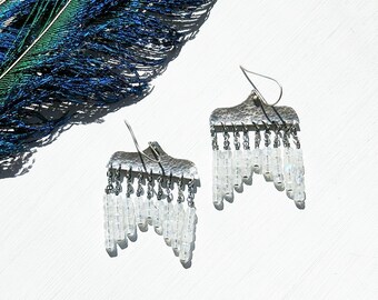 Mystical Moon Earrings - Moonstone Faceted Cube Bead Fringe Drops w/ Oxidized & Hammered Sterling Silver