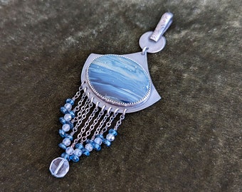 A Starry Night Pendant - Oxidized Sterling Silver Coin Drop Bead Fringe w/ Leland Blue, CZ, Quartz, & Blue Topaz Beads (Chain NOT Included)