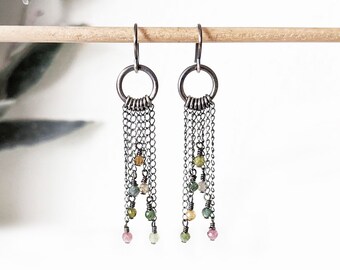 Everyday Goddess Earrings - Oxidized Sterling Silver Hoop and Chain Fringe Drop w/ Multi-Colored Tourmaline
