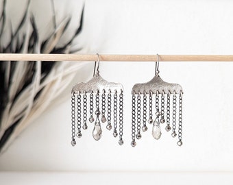 Mercury Dancing Earrings - Ox. Hammered Sterling Silver Hand Cut Drops w/ Grey Crystal Bead Fringe