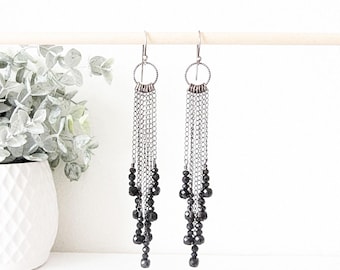 Black Tourmaline Spinel Earring Long Fringe Earring Sparkly - Main Image