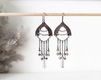 Sigrid's Song Earrings - Oxidized and Hammered Sterling Silver Rustic Fringe Drops with Crystal & CZ Beads