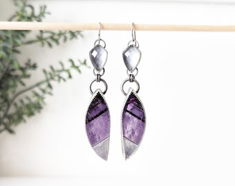 Amethyst Cliffs Earrings - Ox. Sterling Silver Two Stone Drops w/ Rose Cut Quartz and Chevron Amethyst