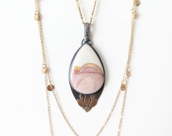 Pink Summer Pendant - Willow Creek Jasper Floral Design Mixed Metal Pendant w/ Ox Sterling Silver and Brass (Chain NOT Included)
