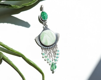 Green Mountain Daze Pendant - Vintage Glass & Serpentine with Moonstone, Onyx, Crystal Bead Fringe w/ Sterling Silver (Chain NOT included)