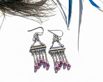 A Queen By Day Earrings - Oxidized Sterling Silver and Brass Bar Chandelier Bead Fringe Drop w/ Amethyst & Brass Heishi Beads