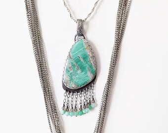 A Wonderous Wave Pendant - Ox. Sterling Silver Beaded Chain Fringe w/ Variscite, Smokey Quartz & Chrysoprase (Chain NOT Included)