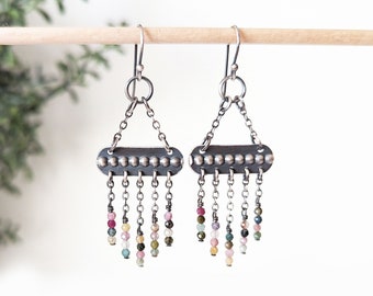 Botanical Bits Earrings - Ox Sterling Silver Chandelier Chain Drop Beaded Fringe w/ Multi Colored Tourmaline Beads