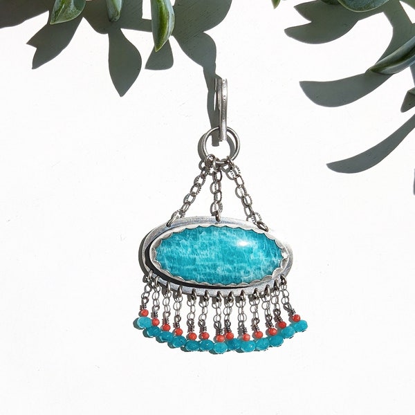 Kitschy Coral Pendant - Ox. Sterling Silver Bead Fringe Chain Chandelier w/ Amazonite & Coral (Chain NOT Included)