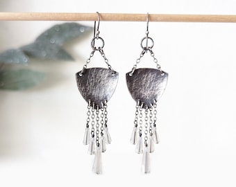 Crystal Castle Earrings - Oxidized and Hammered Sterling Silver Shield Bead Fringe Drops w/ Crystal & CZ Beads