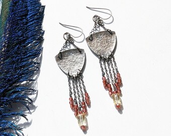 A Golden Drop Earrings - Ox and Hammered Sterling Silver Shield w/ Garnet and Citrine Bead Fringe