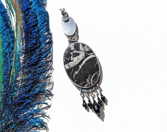 Masquerade Ball Pendant - Ox Sterling Silver Oval Drop w/ Turritella Fossil & Black Spinel Bead Fringe (CHAIN NOT INCLUDED)