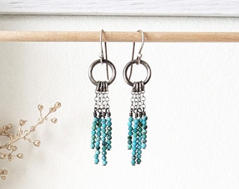 Misty Blues Earrings - Ox. Sterling Silver Hoop and Chain Drops w/ Turquoise Beads