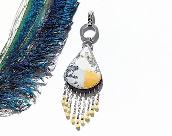 The Golden Hour Pendant - Ox. Sterling Silver Open Work Coin Bail w/ Jasper, Yellow Jade & Zebra Jasper Bead Fringe (CHAIN NOT INCLUDED)