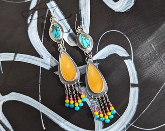 January Joy Earrings - Ox Sterling Silver 2 Stone Bead Fringe w/ Turquoise, Calcite & Chalcedony, Glass, Crystal Beads