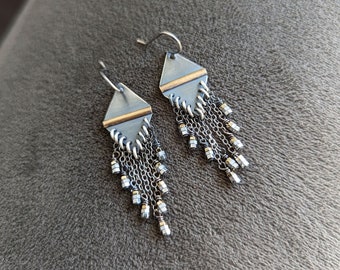 Silver Slippers Earrings - Ox Sterling Silver and Brass Diamond Beaded Fringe w/ Brass Beads