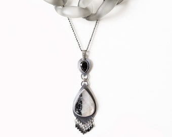 Half Moon Horizon Pendant - Ox Sterling Silver Two Stone Fringe w/ Onyx, Tourmaline Moonstone & Black Spinel Beads (CHAIN NOT INCLUDED)