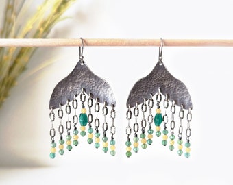 Winter Daffodils Earrings - Oxidized and Hammered Sterling Silver Petal Bead Fringe w/ Green Onyx & Yellow Chalcedony Beads