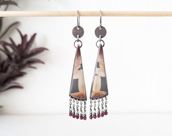 Balance The Logic Earrings - Maligano Jasper with Rutile Quartz, Matte Glass, Rubellite Garnet Bead Fringe w/ Oxidized Sterling Silver