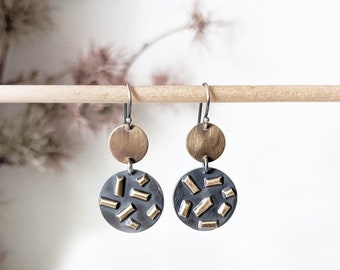 Sprinkles Every Day Earrings - Oxidized Sterling Silver and Brass Coin Design w/ Golden Sprinkles