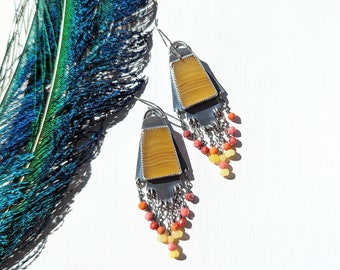 Lemon Sherbet Earrings - Yellow Calcite with Multi Colored Coral and Yellow Jade Bead Fringe w/ Ox. Sterling Silver