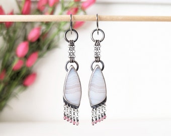 Pink Sprinkles Earrings - Ox Sterling Silver Chain Drop White Agate w/ Pink Tourmaline Beaded Fringe