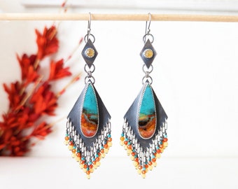A Desert Dance Earrings - Yellow Sapphire, Opal Wood Drops with Turquoise, CZ, Crystal Bead Fringe w/ Ox Sterling Silver