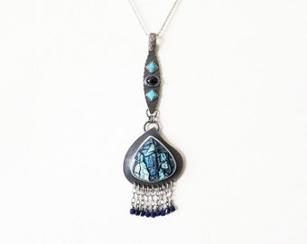 Splintered Skyline Pendant - Ox Sterling Silver 4 Stone w/ Turquoise, Sapphire, Copper Opal Wood & Lapis Lazuli Beads ( CHAIN NOT INCLUDED)