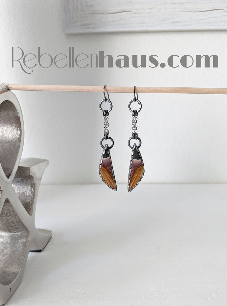 Ga Ga Gorgeous Earrings Oxidized Sterling Silver Chain Drops w Sonora Jasper Drops