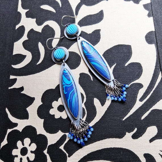 Vintage Blue Glass Earrings | Psychedelic 70s Jewelry | Silver Calsilica Lapis Chalcedony Fringe Earring | Psychedelic Blues Earrings