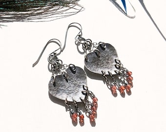 What A Heart Wants Earrings - Oxidized and Hammered Sterling Silver Chandelier Bead Fringe Heart w/ Chocolate Garnet Beads