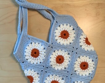 Customizable Crochet Tote Bag - Daisy Flower Tote Bag, Market Bag, Boho Tote