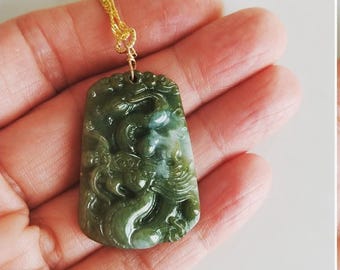 Green Jadeite Jade Dragon Pendant: 14 k Gold Filled Necklace
