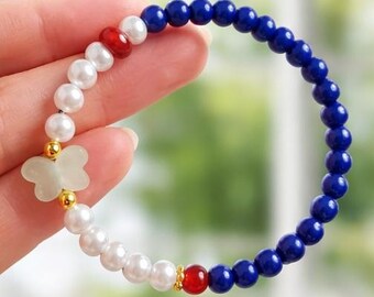Jade Butterfly Bracelet: Lapis Lazuli, Pearl, and Red Jade
