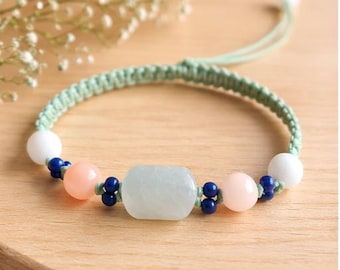 Natural Jadeite Jade Turtle Bracelet, Lapis Lazuli Beads, Hand-Knotted Adjustable Band