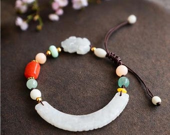Jadeite Jade Pixiu Bracelet with Dragon, Agate & Natural Stone