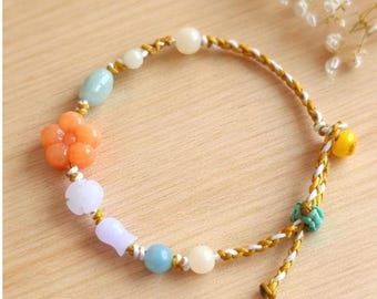 Orange Jade Flower Bracelet, Type A Jadeite Beads, Hand-Knotted Adjustable Design