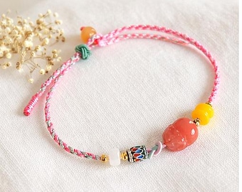 Red Agate Pixiu Bracelet: Jade Beads, 14k Gold, Good Luck Charm