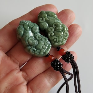 Hand Carved Green Jade Pixiu Pendant Pair: Feng Shui Good Fortune