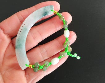 Natural Green Jade Dragon Head Bracelet, Hand Carved Type A Jadeite, Adjustable Beaded Bangle