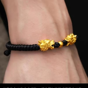 24K Gold Filled Dragon Head Bracelet: Adjustable Handmade String