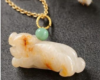 Hand Carved Jade Tiger Pendant, 14K Gold Filled Necklace