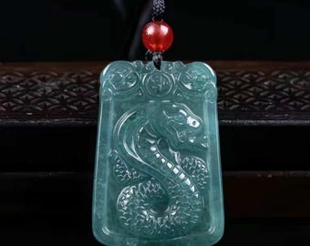 Green Jadeite Jade Snake pendant Necklace. Hand carved Jade pendant with adjustable Necklace.