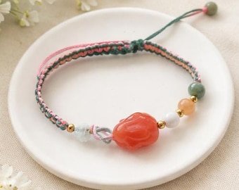 Agate Rabbit Jadeite Beads Bracelet, Hand Knotted Adjustable Bracelet