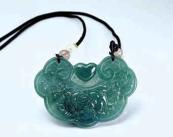 Hand Carved Green Jadeite Flower Pendant Necklace, Type A Jade