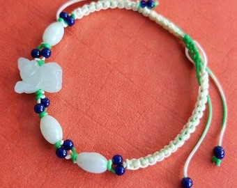 Jadeite Jade Rat Bracelet with Lapis Lazuli Beads, Hand-Knotted Adjustable String Jewelry